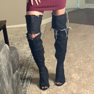 Womens ShoeDazzle Destroyed Over the Knee Dark Denim Heeled Boots Size 8